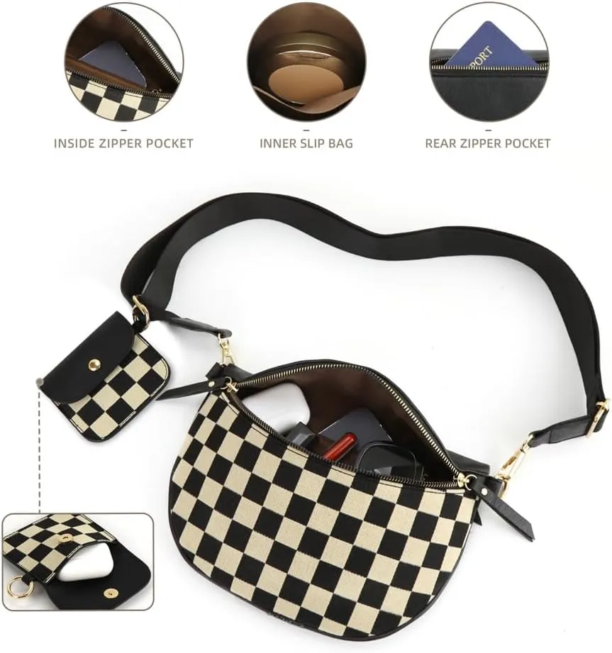 2 Pcs Checkered Crossbody Bags for Women Bum Bag Checkered Cross Body Sling Backpack Hobo Satchels Shoulder Wallet Purses