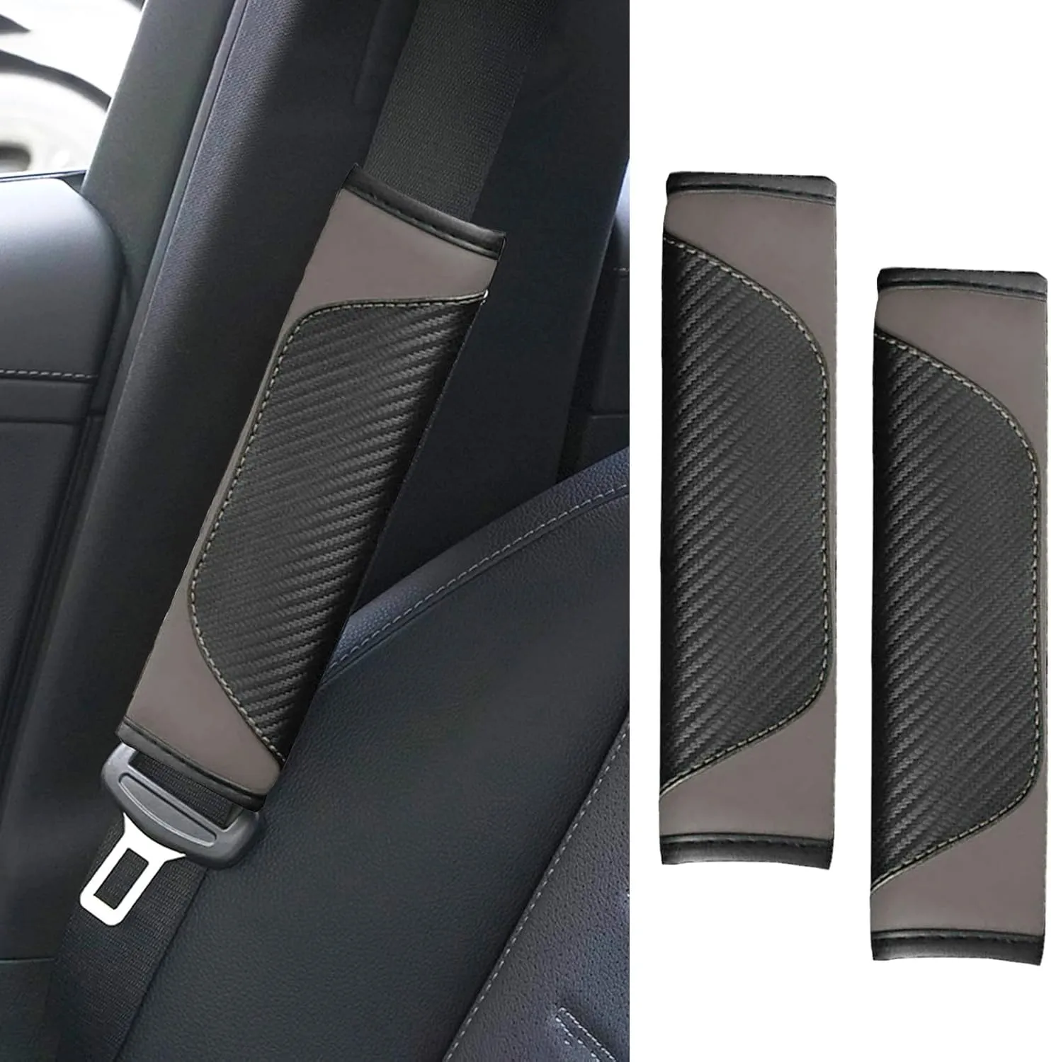 2PCS Car Seat Belt Cover Pad, Soft Carbon Fiber Leather Seatbelt Shoulder Protector for a More Comfortable Driving, Universal Safety Belt Strap Cover to Protect Your Neck (Gray)
