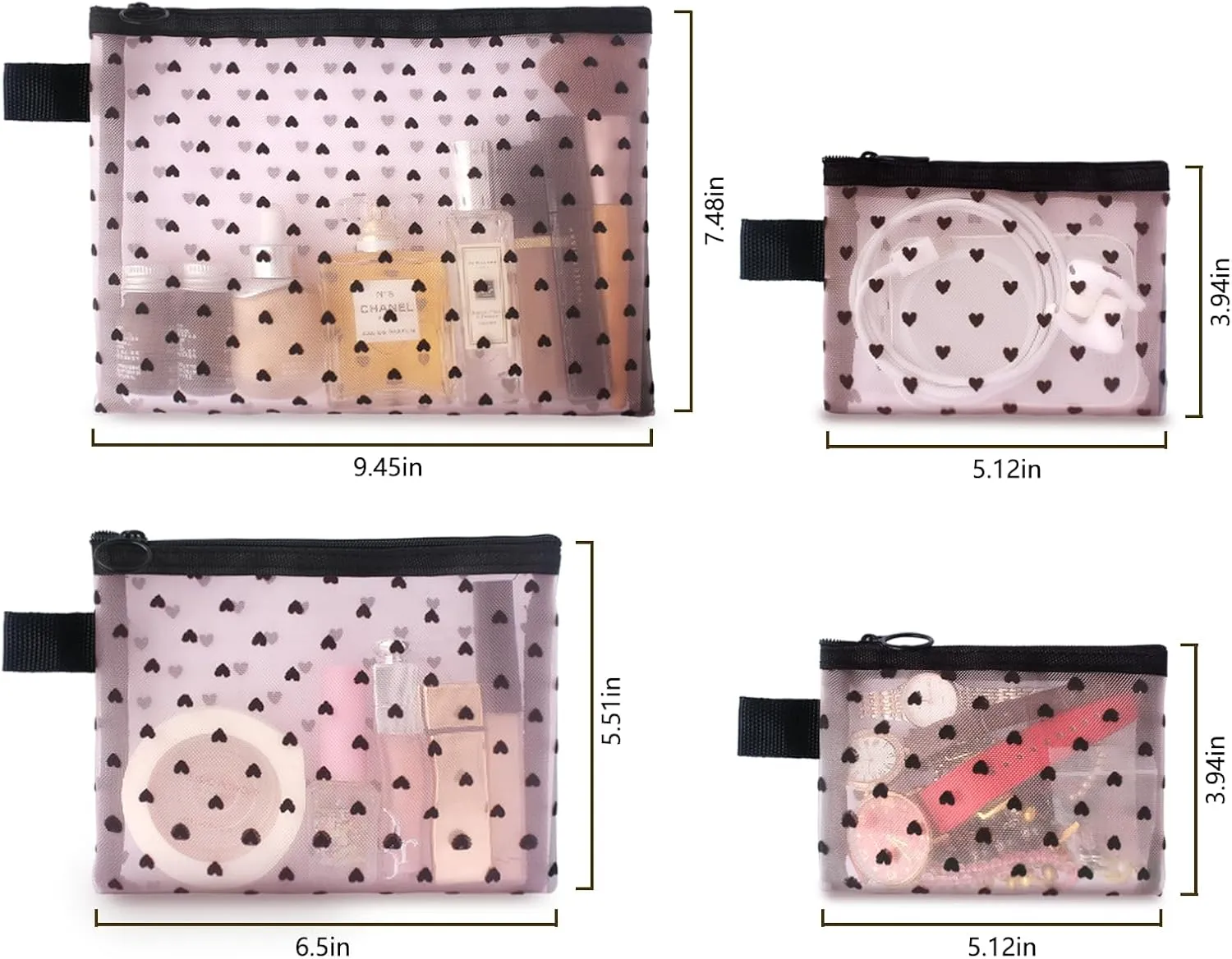4-Piece Heart Printed Mesh Makeup Bag Set, Portable Travel Mesh Cosmetic Bags Toiletry Bags Makeup Purse Bags Mesh Zipper Storage Pouches for Home Offices Travel Accessories (Pink)