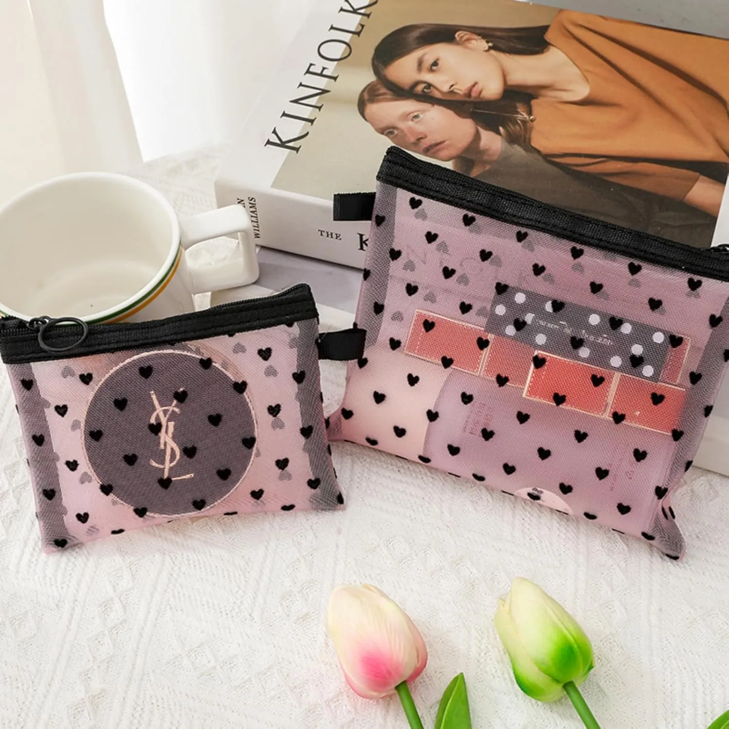 4-Piece Heart Printed Mesh Makeup Bag Set, Portable Travel Mesh Cosmetic Bags Toiletry Bags Makeup Purse Bags Mesh Zipper Storage Pouches for Home Offices Travel Accessories (Pink)