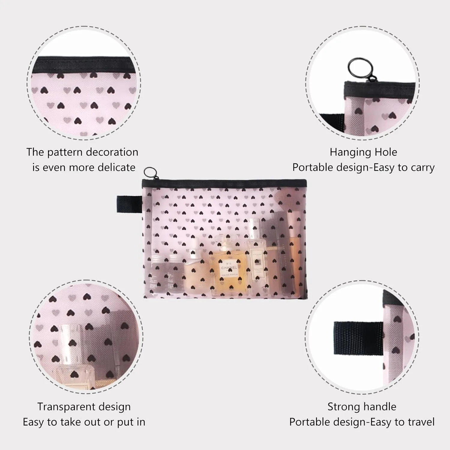 4-Piece Heart Printed Mesh Makeup Bag Set, Portable Travel Mesh Cosmetic Bags Toiletry Bags Makeup Purse Bags Mesh Zipper Storage Pouches for Home Offices Travel Accessories (Pink)