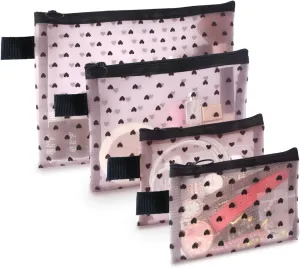 4-Piece Heart Printed Mesh Makeup Bag Set, Portable Travel Mesh Cosmetic Bags Toiletry Bags Makeup Purse Bags Mesh Zipper Storage Pouches for Home Offices Travel Accessories (Pink)