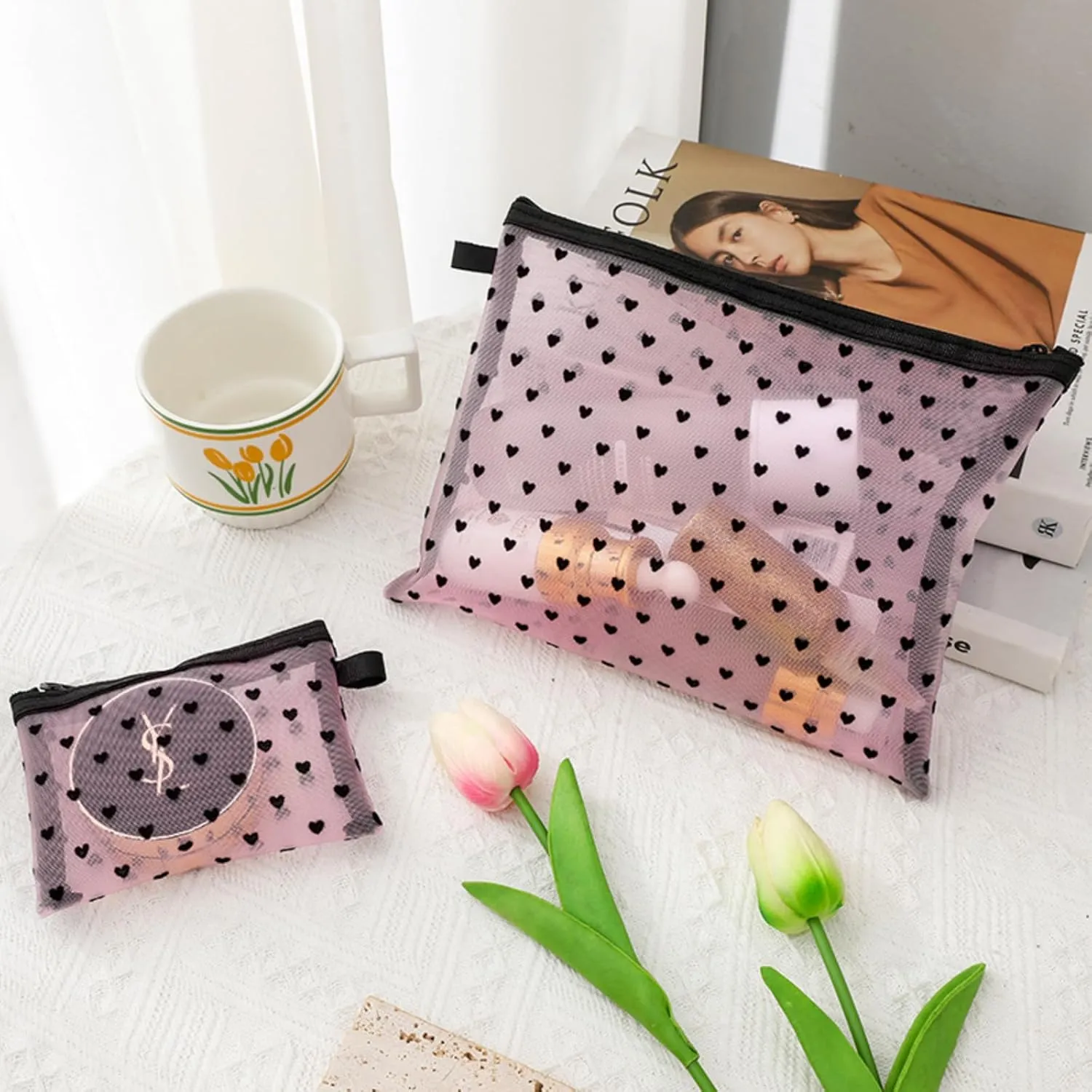 4-Piece Heart Printed Mesh Makeup Bag Set, Portable Travel Mesh Cosmetic Bags Toiletry Bags Makeup Purse Bags Mesh Zipper Storage Pouches for Home Offices Travel Accessories (Pink)