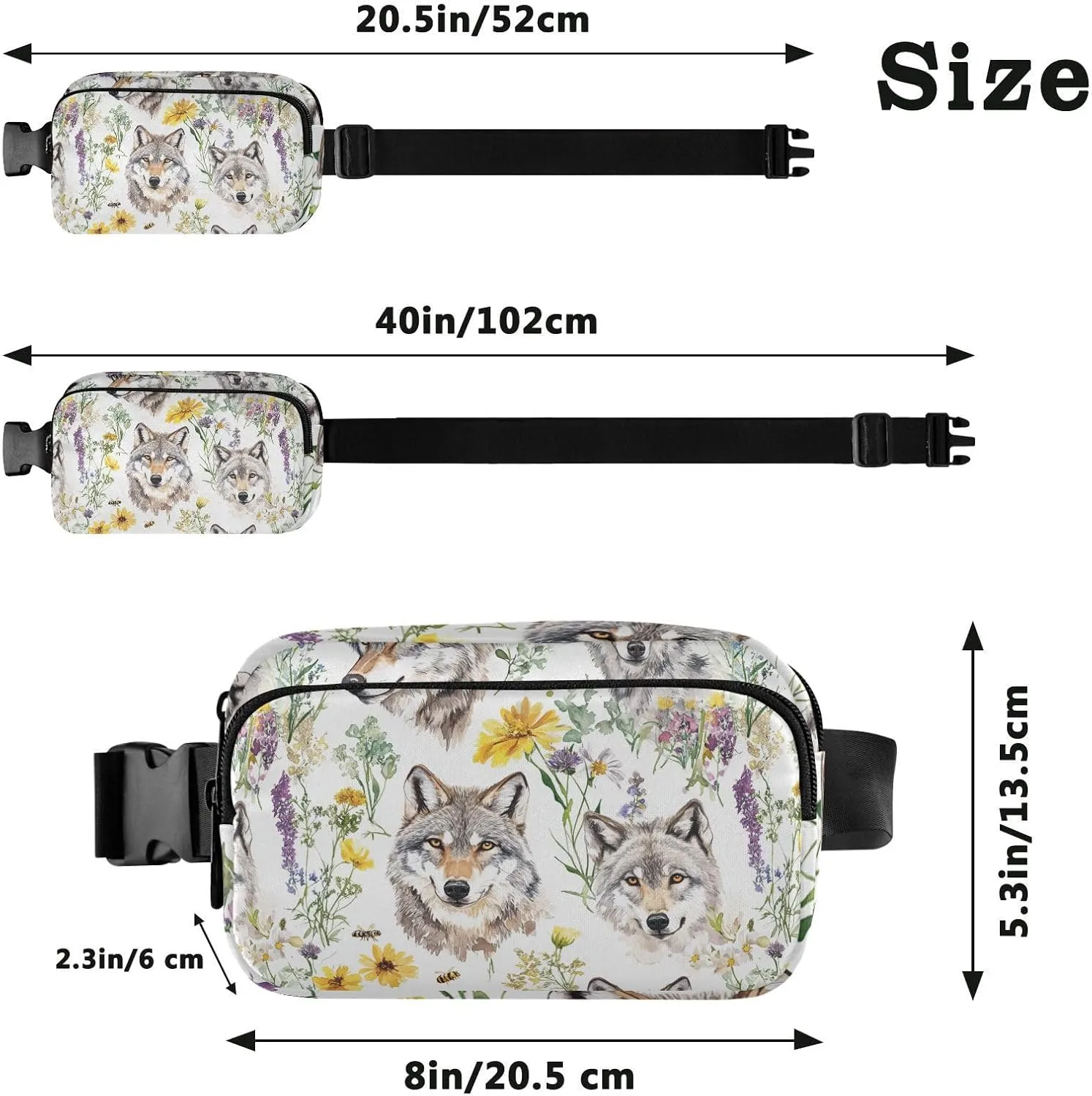 Aesthetic Wolf White Fashion Fanny Waist Pack for Men Women Large Capacity Crossbody Belt Bag with Adjustable Strap for Travel Vacation Running