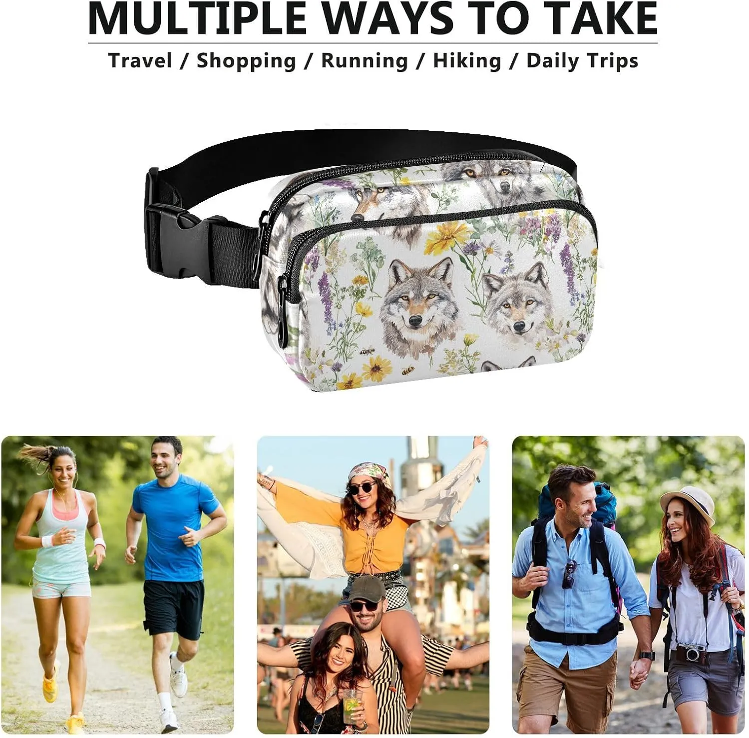 Aesthetic Wolf White Fashion Fanny Waist Pack for Men Women Large Capacity Crossbody Belt Bag with Adjustable Strap for Travel Vacation Running