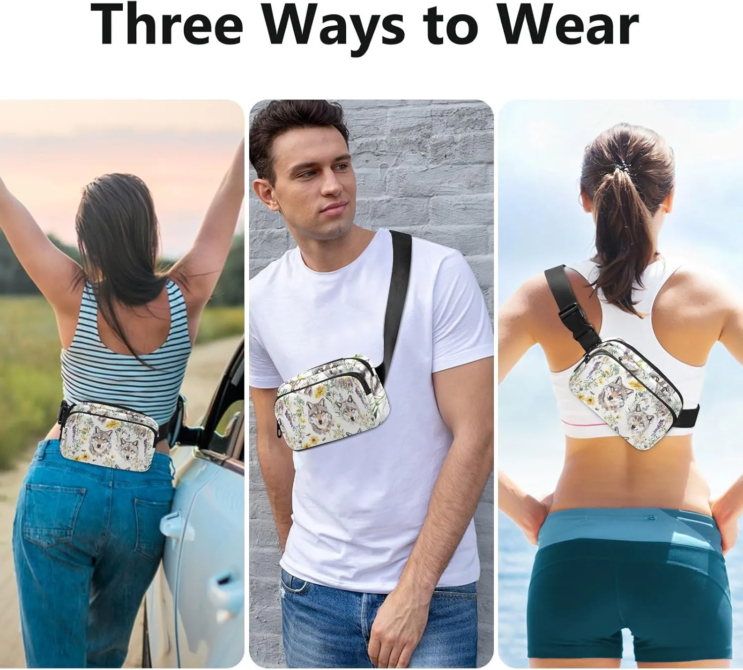 Aesthetic Wolf White Fashion Fanny Waist Pack for Men Women Large Capacity Crossbody Belt Bag with Adjustable Strap for Travel Vacation Running