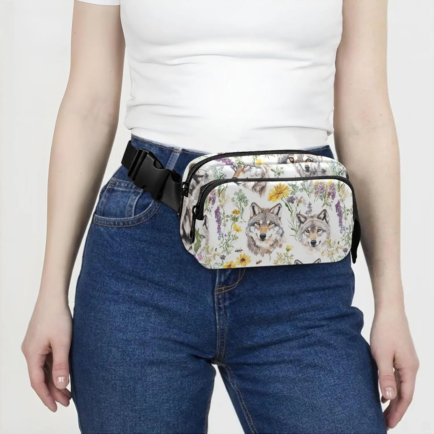 Aesthetic Wolf White Fashion Fanny Waist Pack for Men Women Large Capacity Crossbody Belt Bag with Adjustable Strap for Travel Vacation Running
