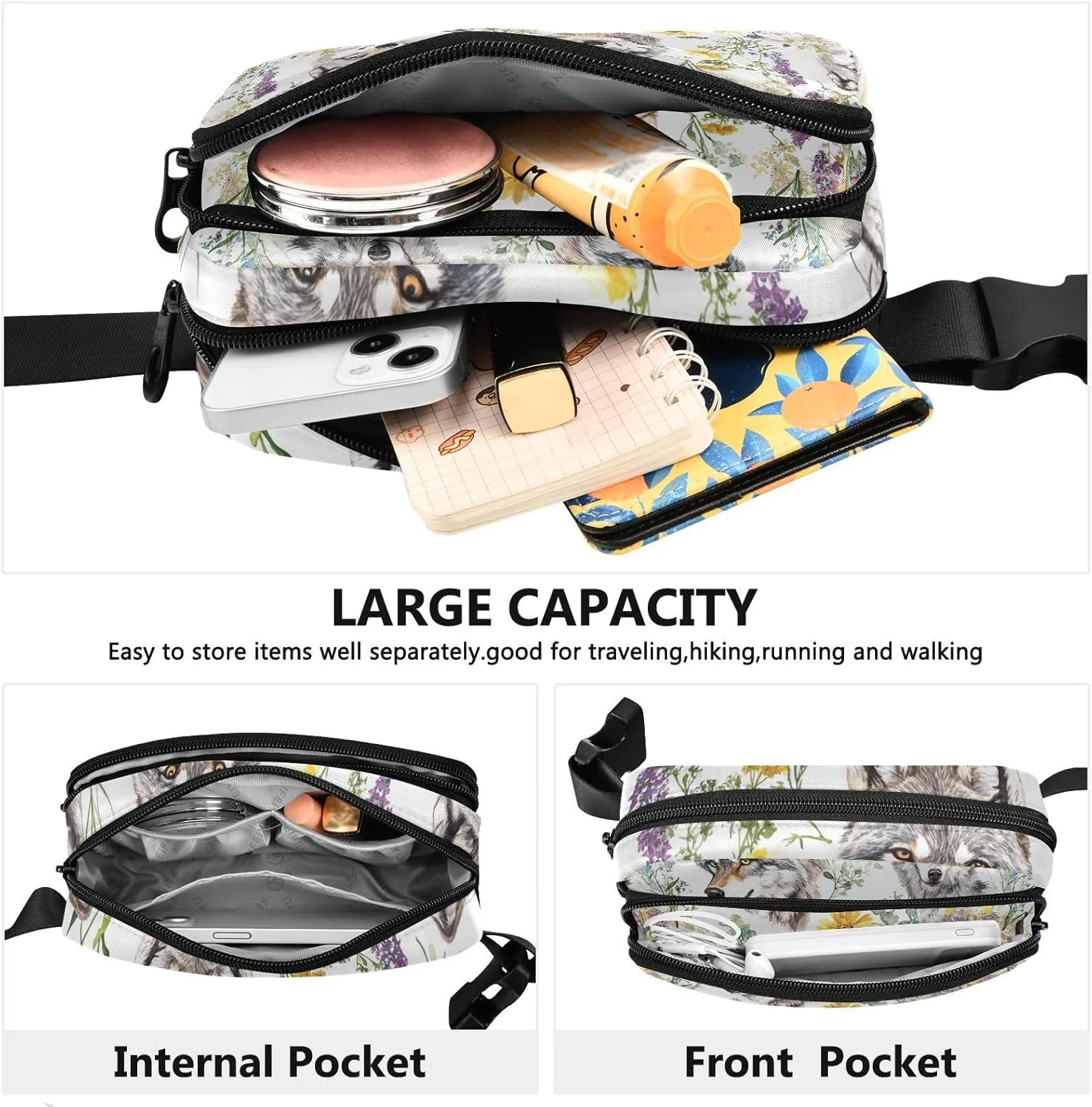 Aesthetic Wolf White Fashion Fanny Waist Pack for Men Women Large Capacity Crossbody Belt Bag with Adjustable Strap for Travel Vacation Running