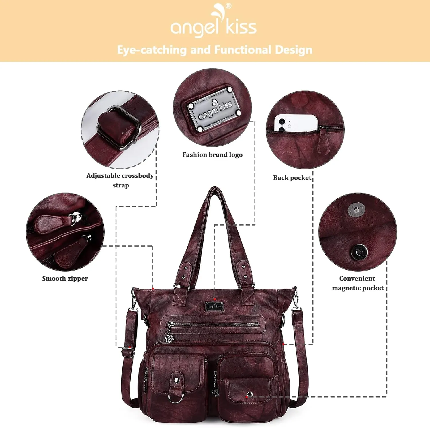 Angelkiss Purses Handbags for Women PU Tote Satchel Bags for Women Pockets Shoulder Bags