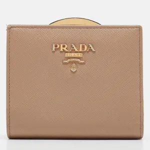 Beige Saffiano Metal Leather Frame Compact Wallet