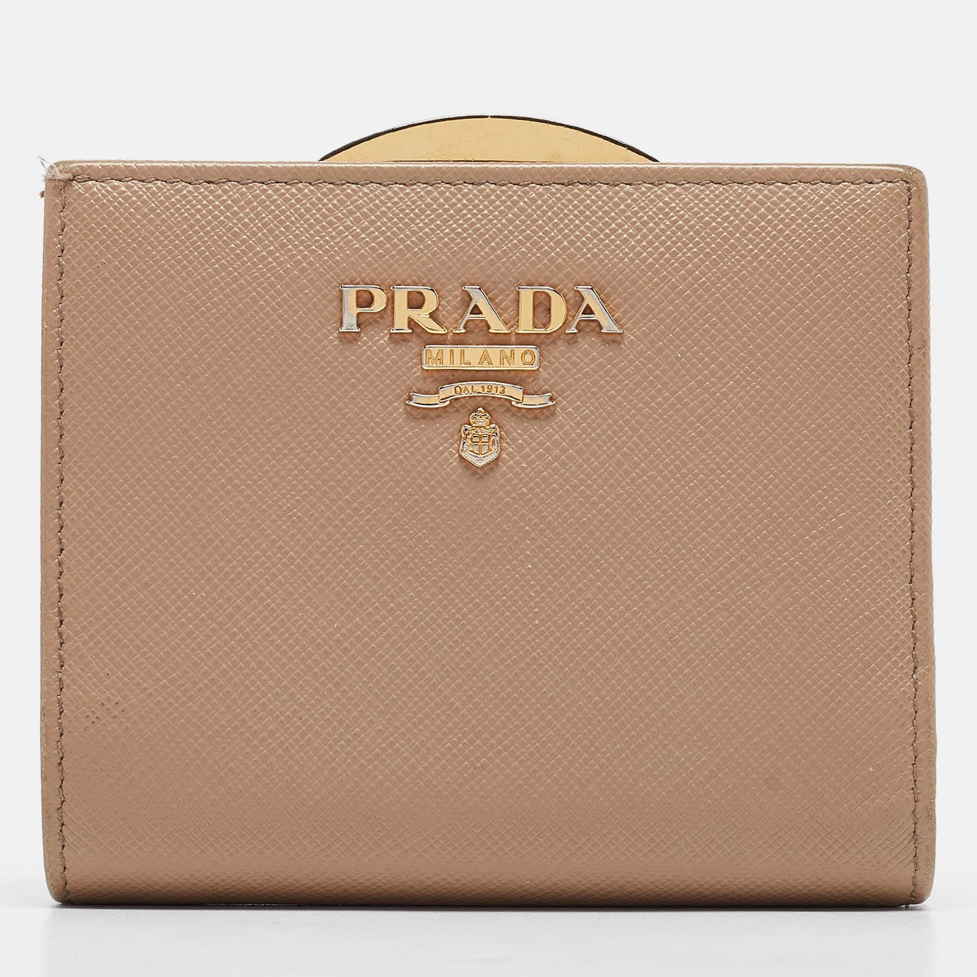 Beige Saffiano Metal Leather Frame Compact Wallet