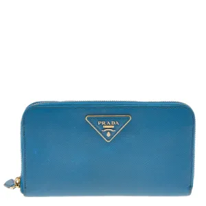 Blue Saffiano Leather Zip Around Wallet