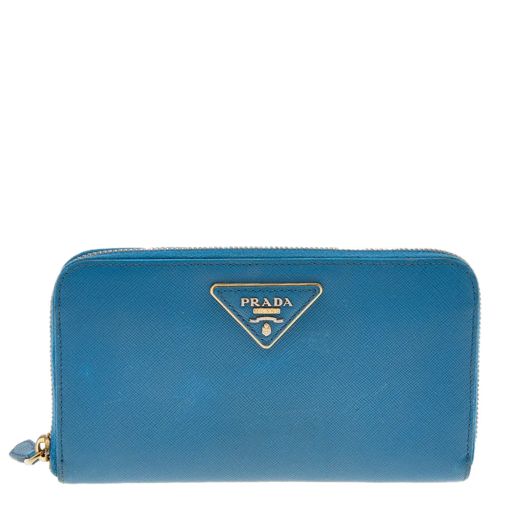 Blue Saffiano Leather Zip Around Wallet