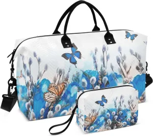 Bolaz Duffle Bag for Travel-Blue Tulips with Willow and ButterfliesWeekender Overnight Bag with Wet Pocket for WomenLarge Carry On Airport Bag with Toiletry Bag for Travel, Business Trips, Sports