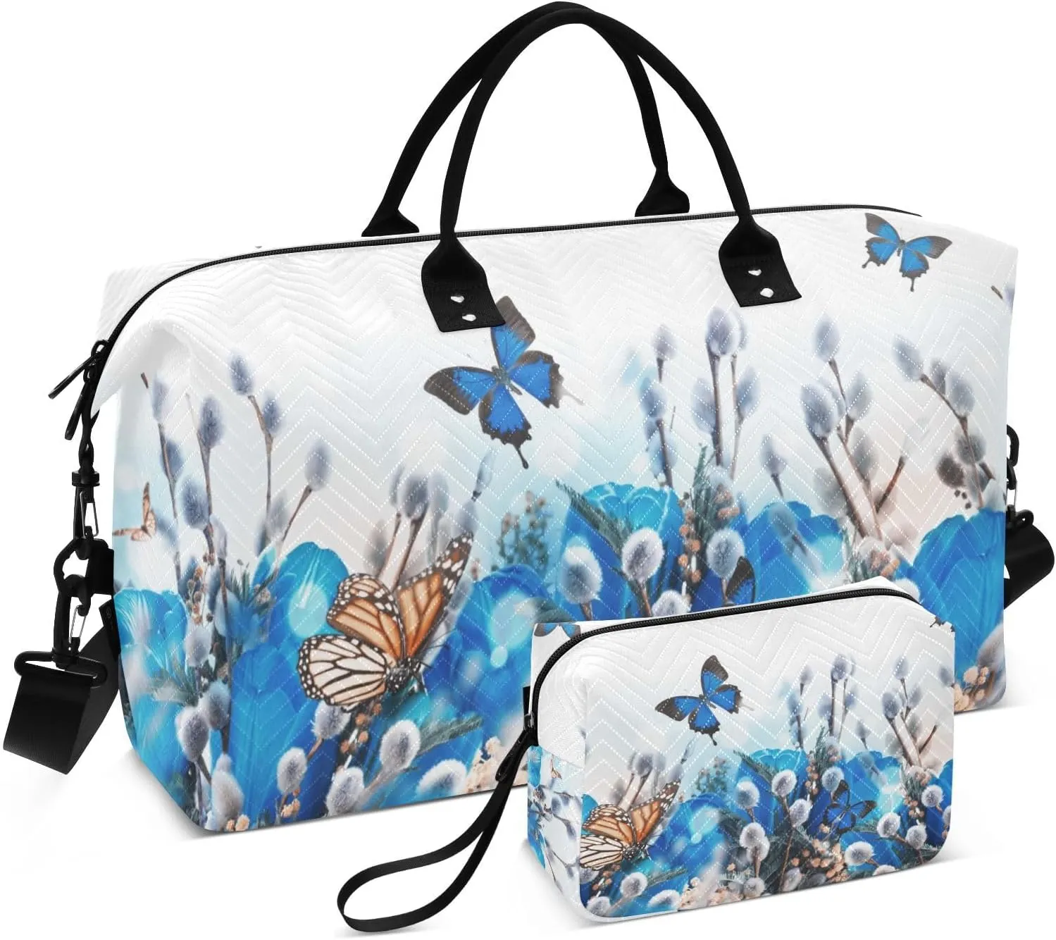 Bolaz Duffle Bag for Travel-Blue Tulips with Willow and ButterfliesWeekender Overnight Bag with Wet Pocket for WomenLarge Carry On Airport Bag with Toiletry Bag for Travel, Business Trips, Sports