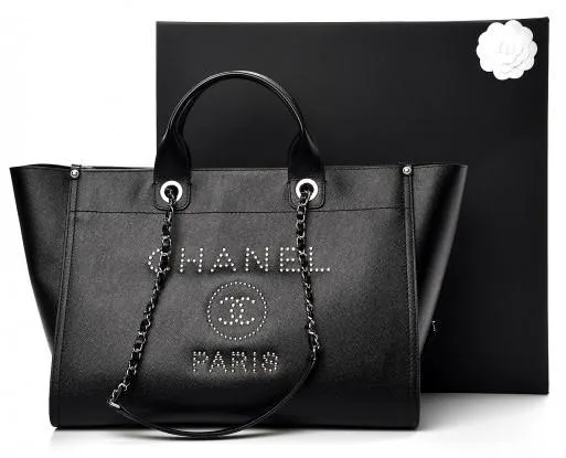 Caviar Medium Studded Deauville Tote Black