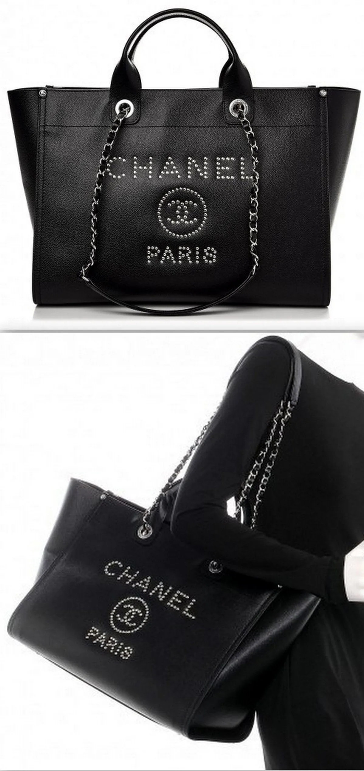 Caviar Medium Studded Deauville Tote Black