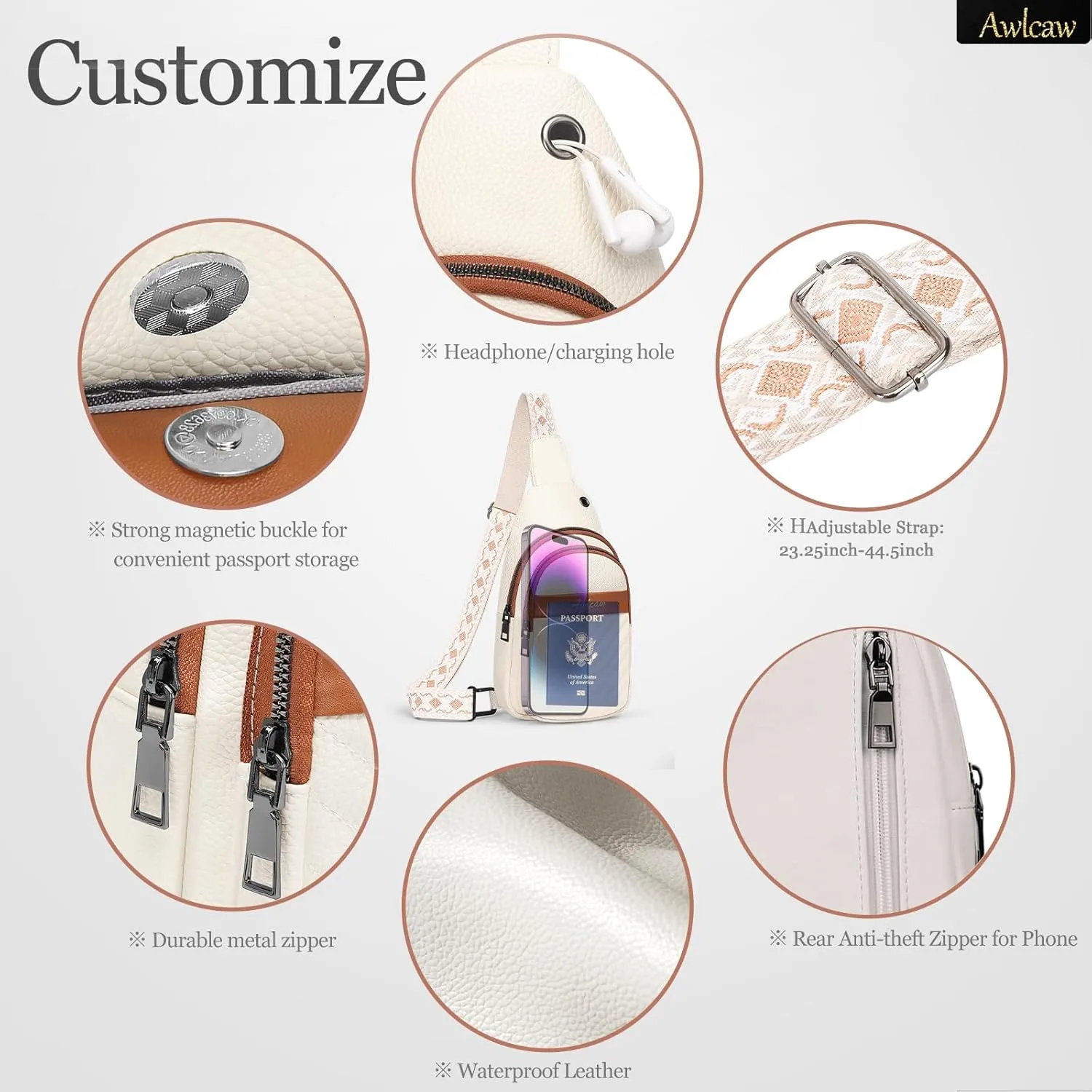 Crossbody bags for Women, Faux Leather Small Sling Bag Fashion Shoulder Waist Packs Purse and Fanny Packs Set, off White