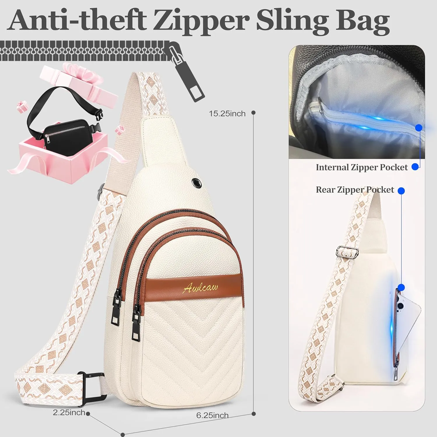 Crossbody bags for Women, Faux Leather Small Sling Bag Fashion Shoulder Waist Packs Purse and Fanny Packs Set, off White
