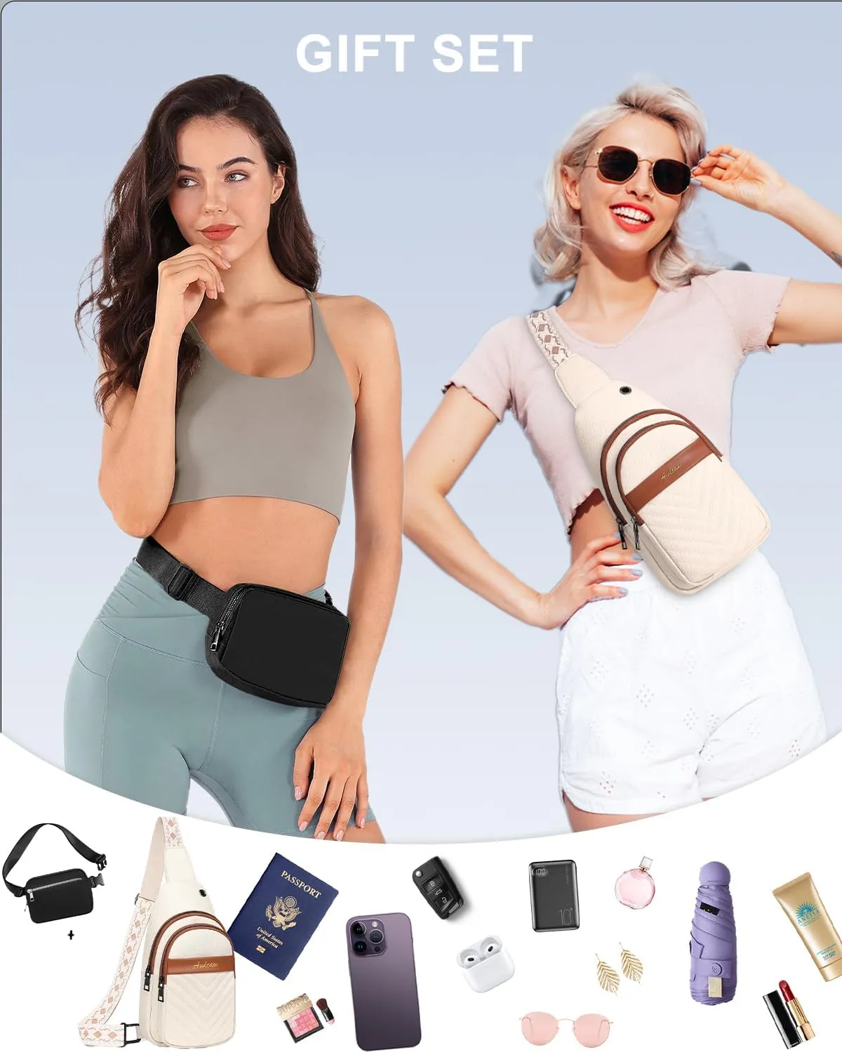 Crossbody bags for Women, Faux Leather Small Sling Bag Fashion Shoulder Waist Packs Purse and Fanny Packs Set, off White
