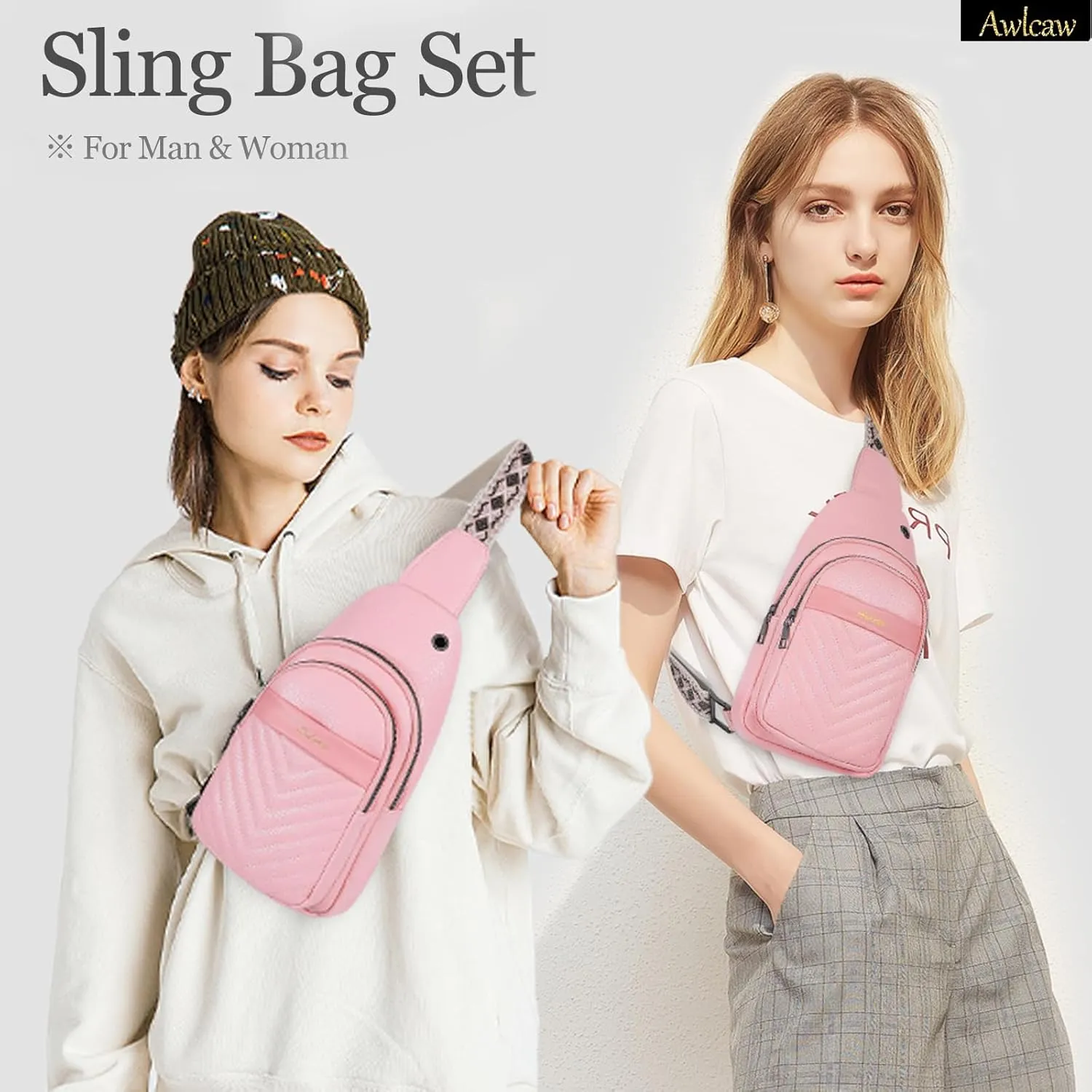 Crossbody bags for Women, Faux Leather Small Sling Bag Fashion Shoulder Waist Packs Purse and Fanny Packs Set, Pink