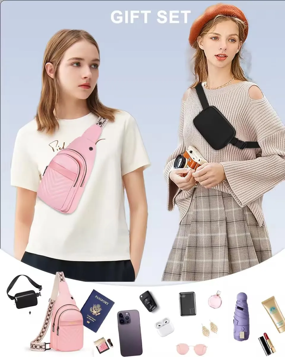 Crossbody bags for Women, Faux Leather Small Sling Bag Fashion Shoulder Waist Packs Purse and Fanny Packs Set, Pink