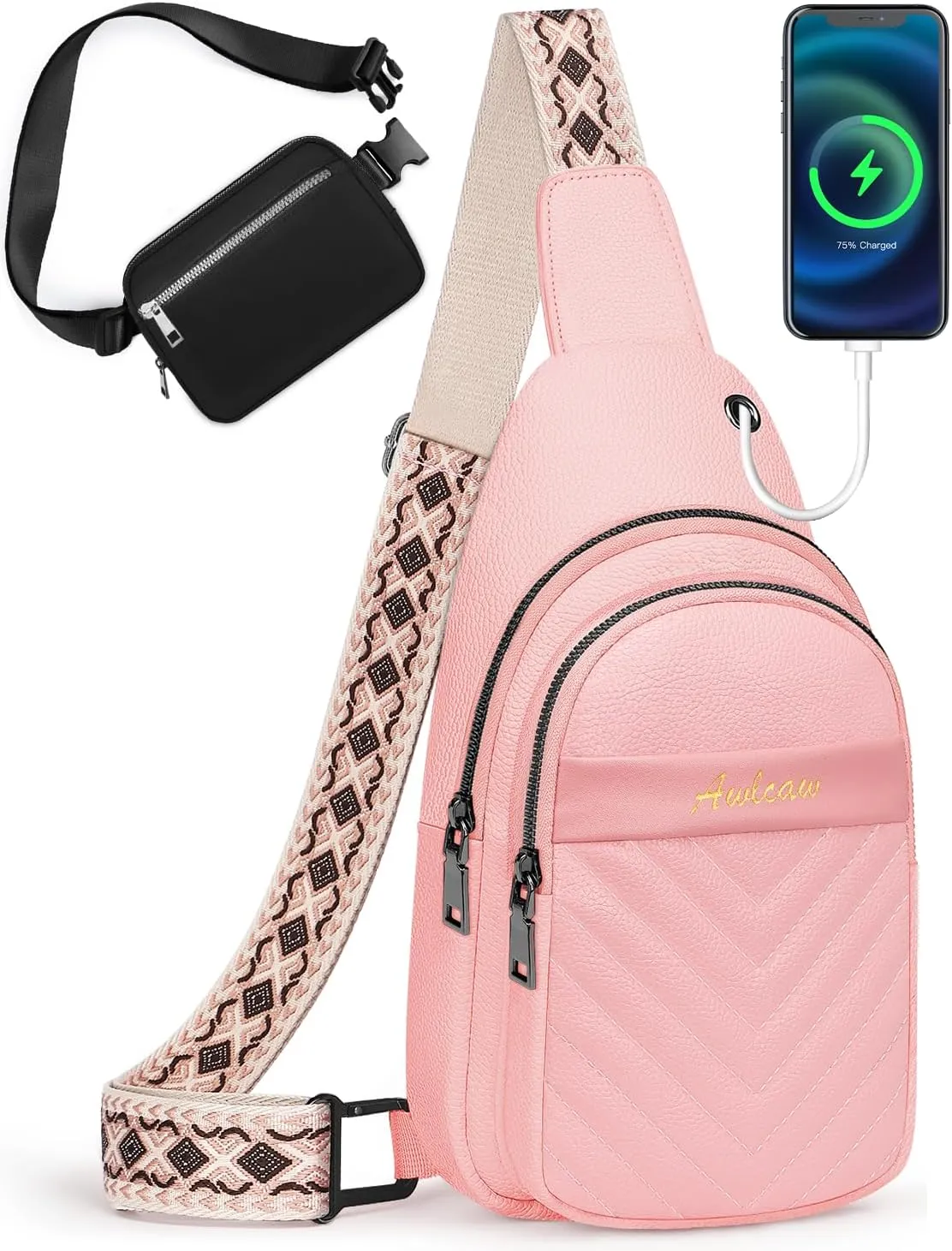 Crossbody bags for Women, Faux Leather Small Sling Bag Fashion Shoulder Waist Packs Purse and Fanny Packs Set, Pink
