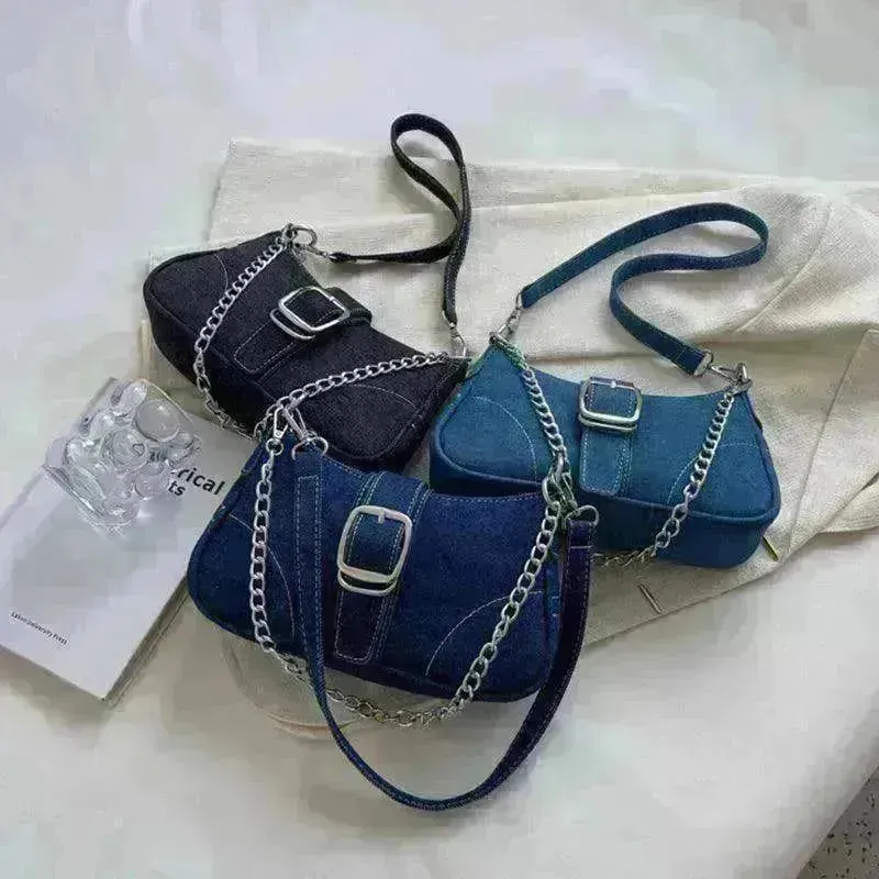 Denim Shoulder Bags Women's Fashion Chains Handbag Crossbody Bags Small Square Armpit Bag