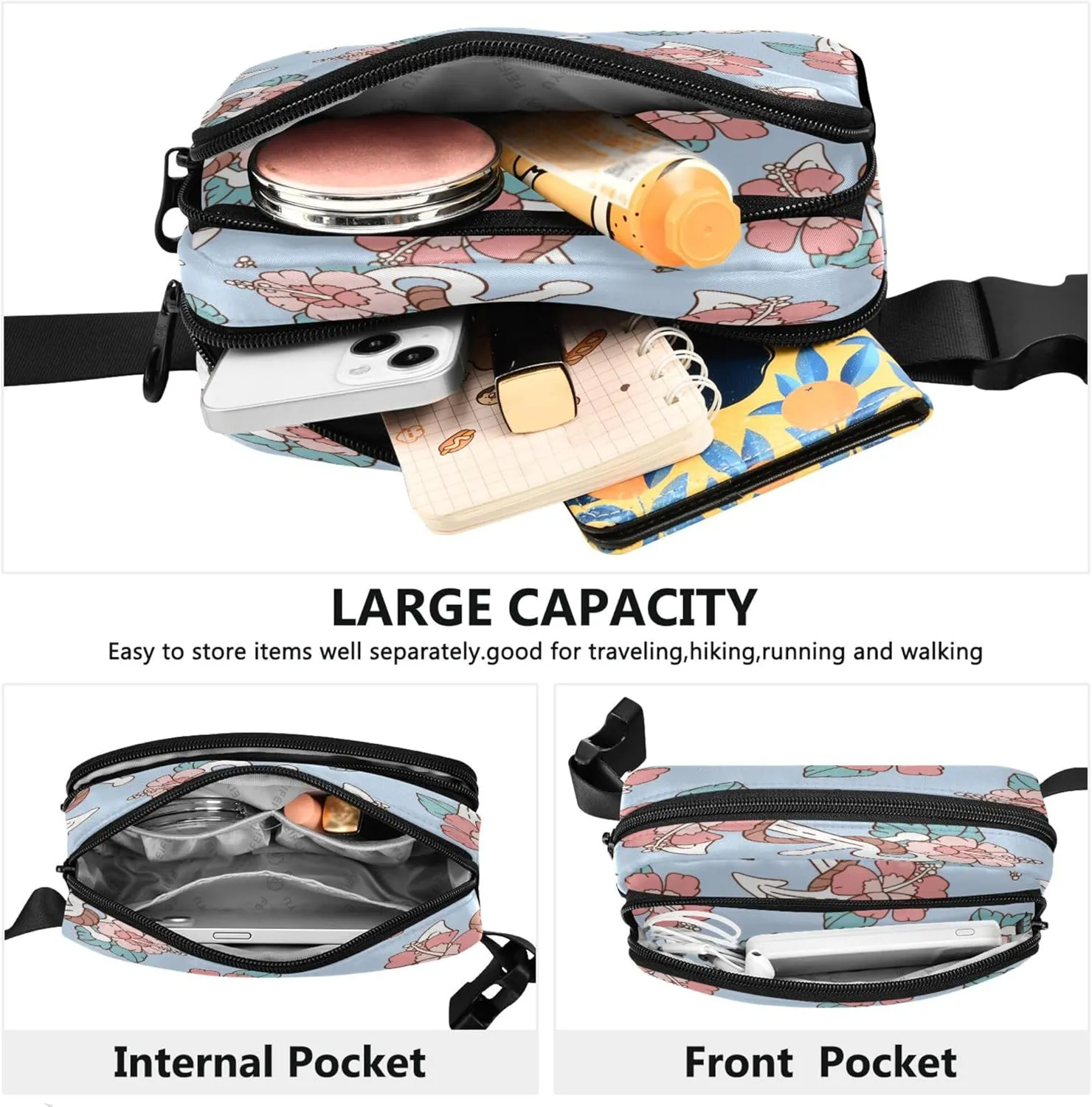 Exnundod Fanny Waist Packs Anchor Floral Pattern Prints Running Hiking Waist Pack Fashionable Zipper Belt Bag for Workout Traveling