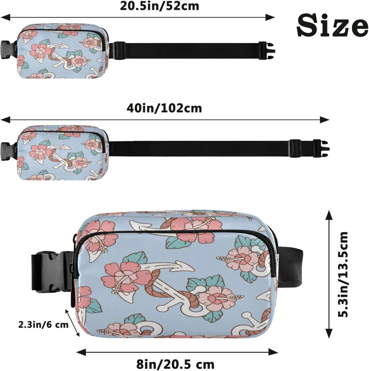 Exnundod Fanny Waist Packs Anchor Floral Pattern Prints Running Hiking Waist Pack Fashionable Zipper Belt Bag for Workout Traveling
