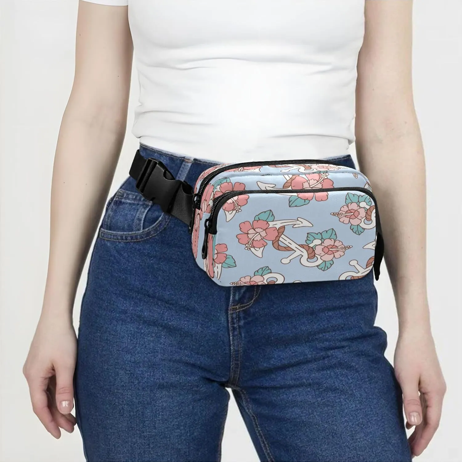Exnundod Fanny Waist Packs Anchor Floral Pattern Prints Running Hiking Waist Pack Fashionable Zipper Belt Bag for Workout Traveling