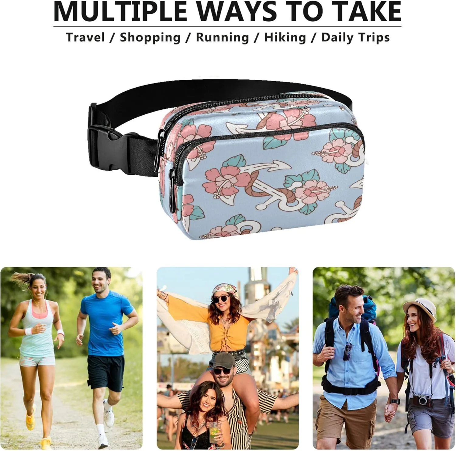 Exnundod Fanny Waist Packs Anchor Floral Pattern Prints Running Hiking Waist Pack Fashionable Zipper Belt Bag for Workout Traveling