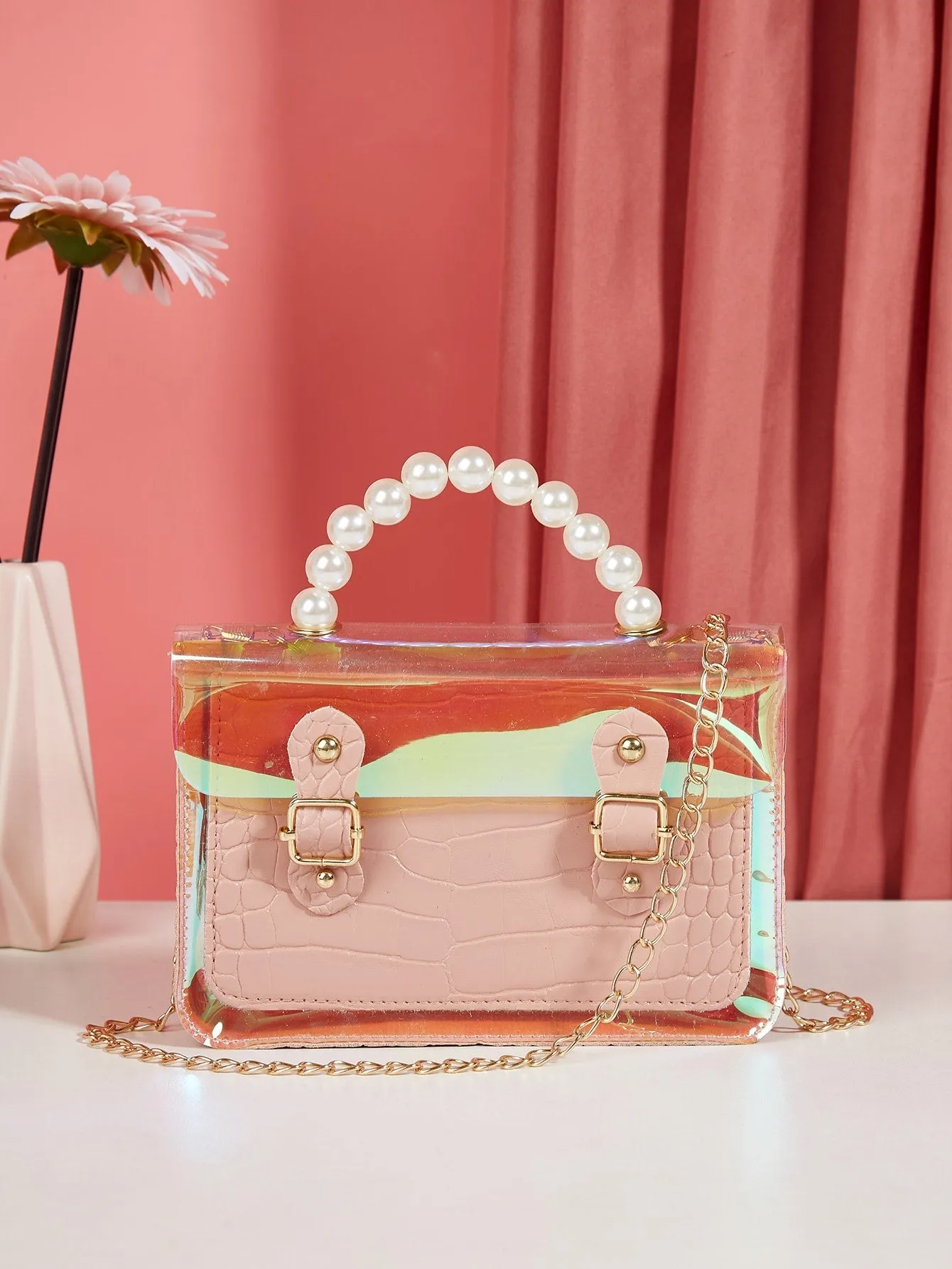 Faux Pearl Handle Flap Chain Bag