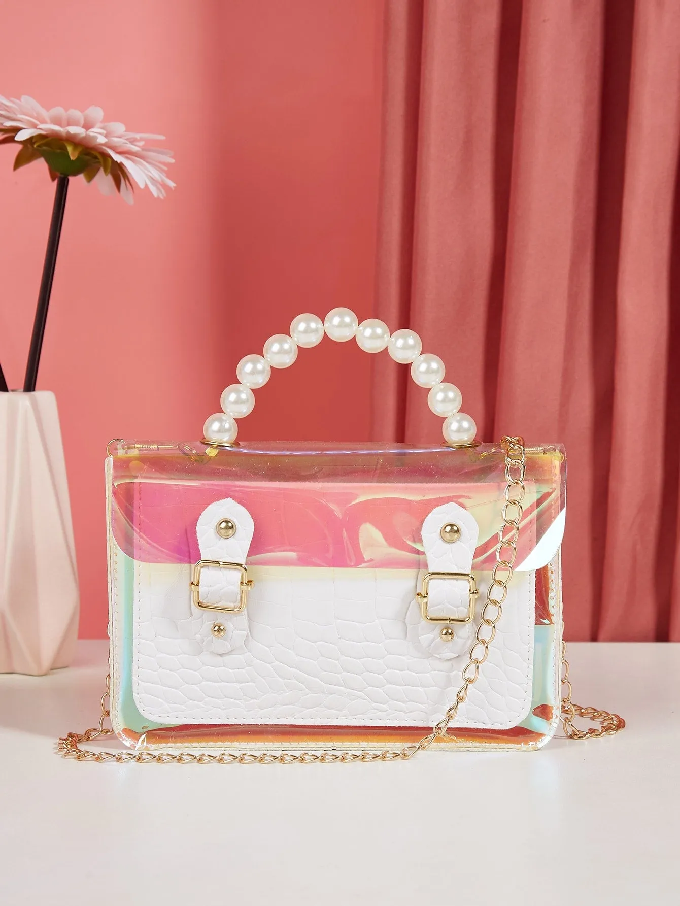 Faux Pearl Handle Flap Chain Bag
