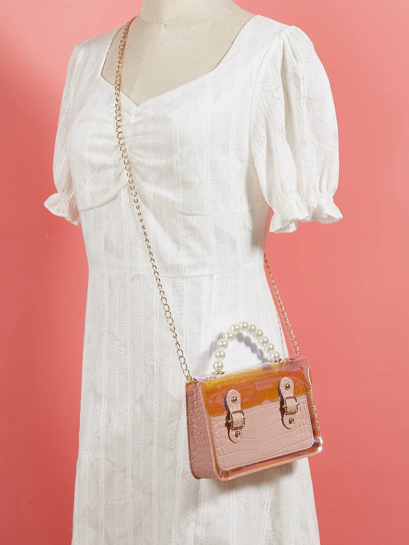Faux Pearl Handle Flap Chain Bag