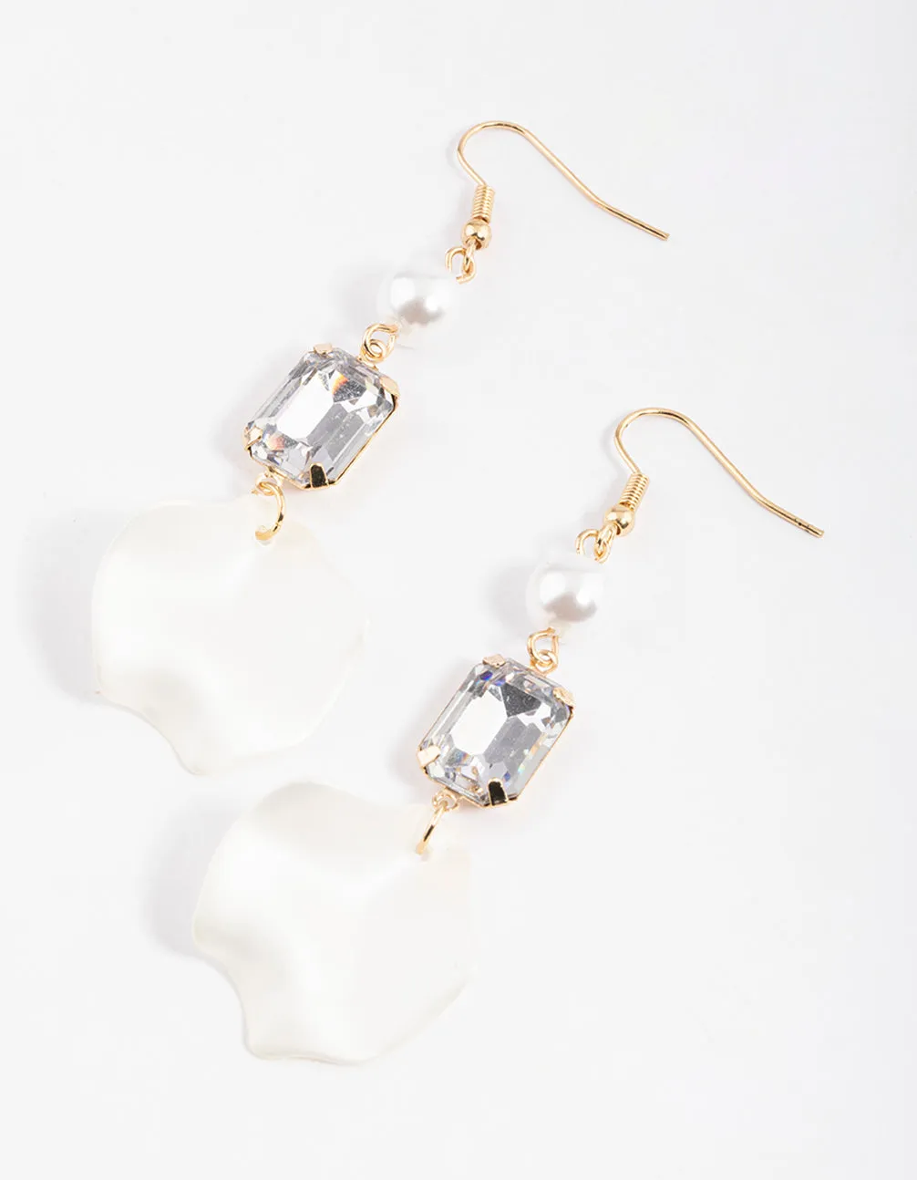 Gold Pearl Emerald Petal Drop Earrings