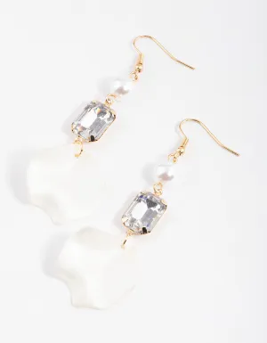 Gold Pearl Emerald Petal Drop Earrings
