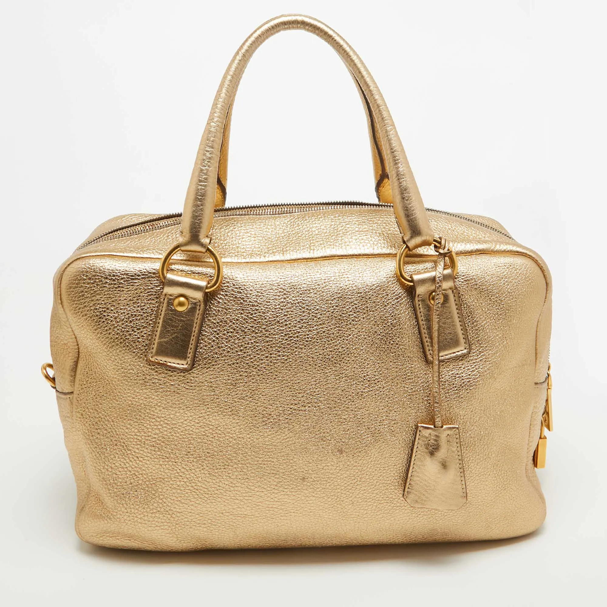 Gold Vitello Daino Leather Large Bauletto Bag