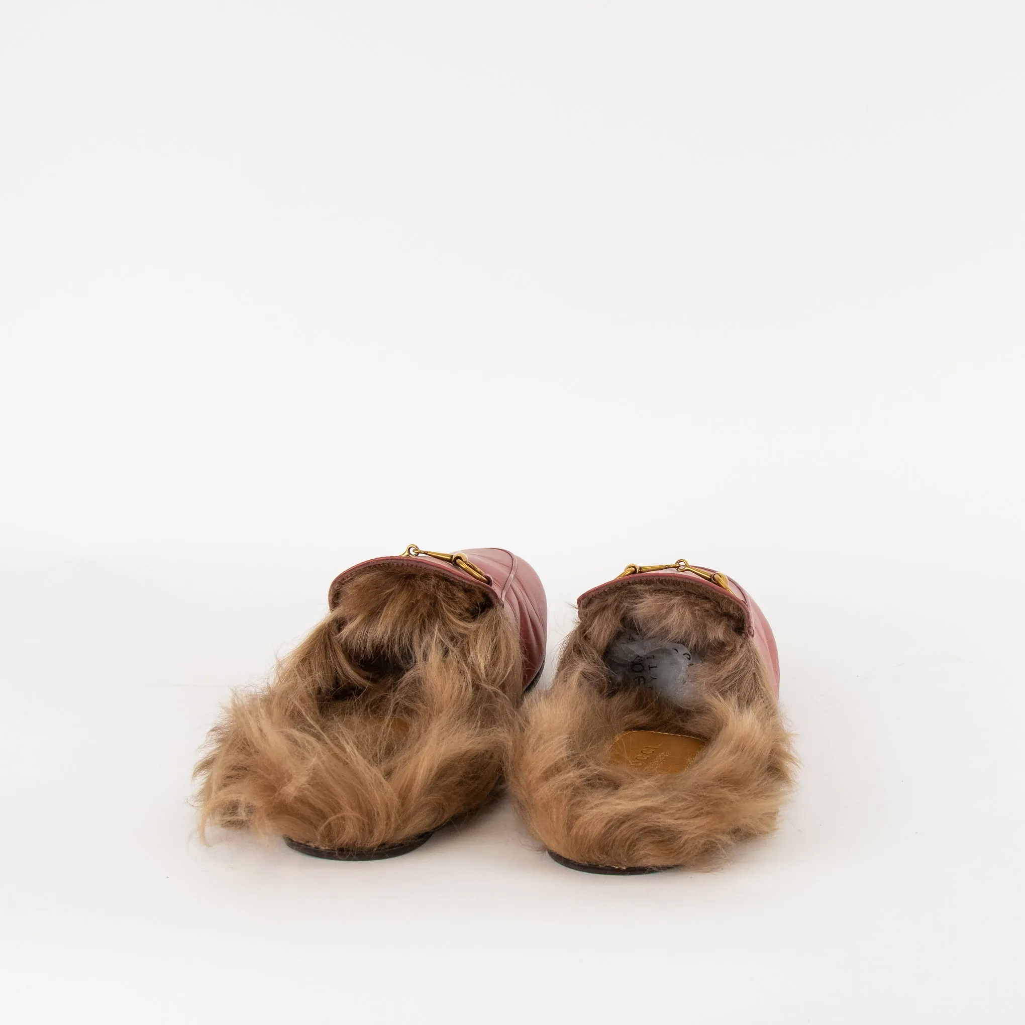 Gucci Dusty Pink Leather Fur Trim Princetown Mules