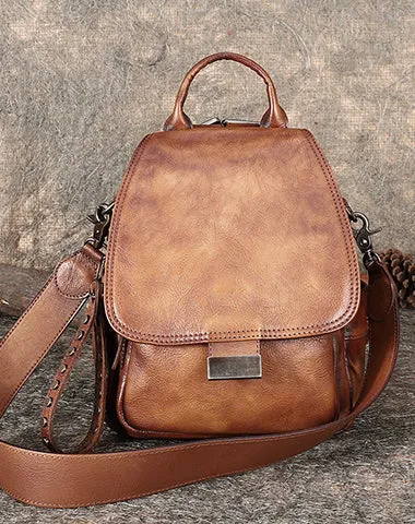 Handmade Convertible Leather Backpacks Bag Womens Best Brown Leather Shoulder Purse School Rucksack