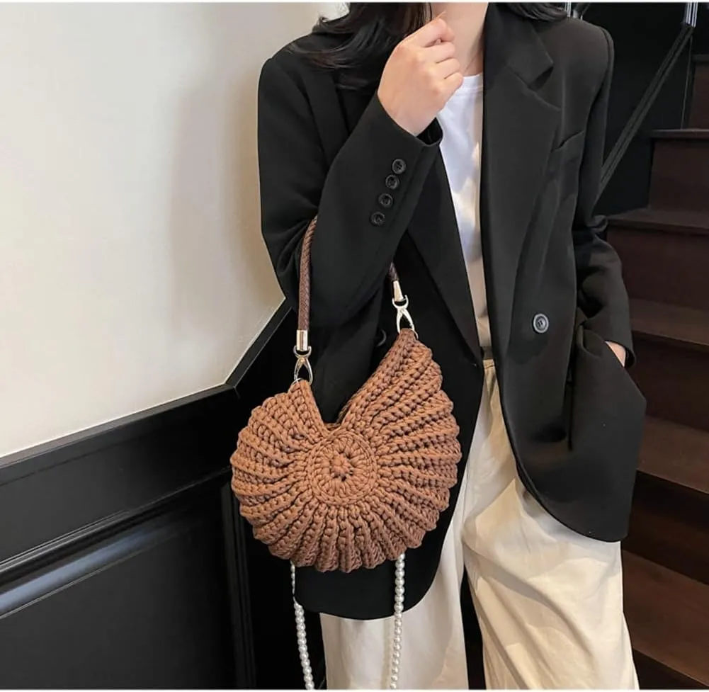 Handwoven Seashell Bag for Women Crochet Beach Bag Boho Clutch with Pearl Strap Leather Handle Unique Design 2025