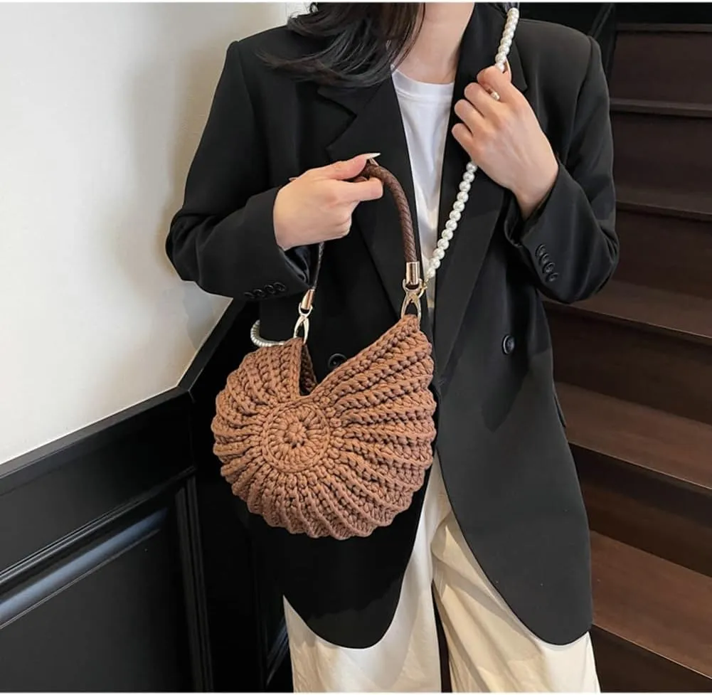 Handwoven Seashell Bag for Women Crochet Beach Bag Boho Clutch with Pearl Strap Leather Handle Unique Design 2025