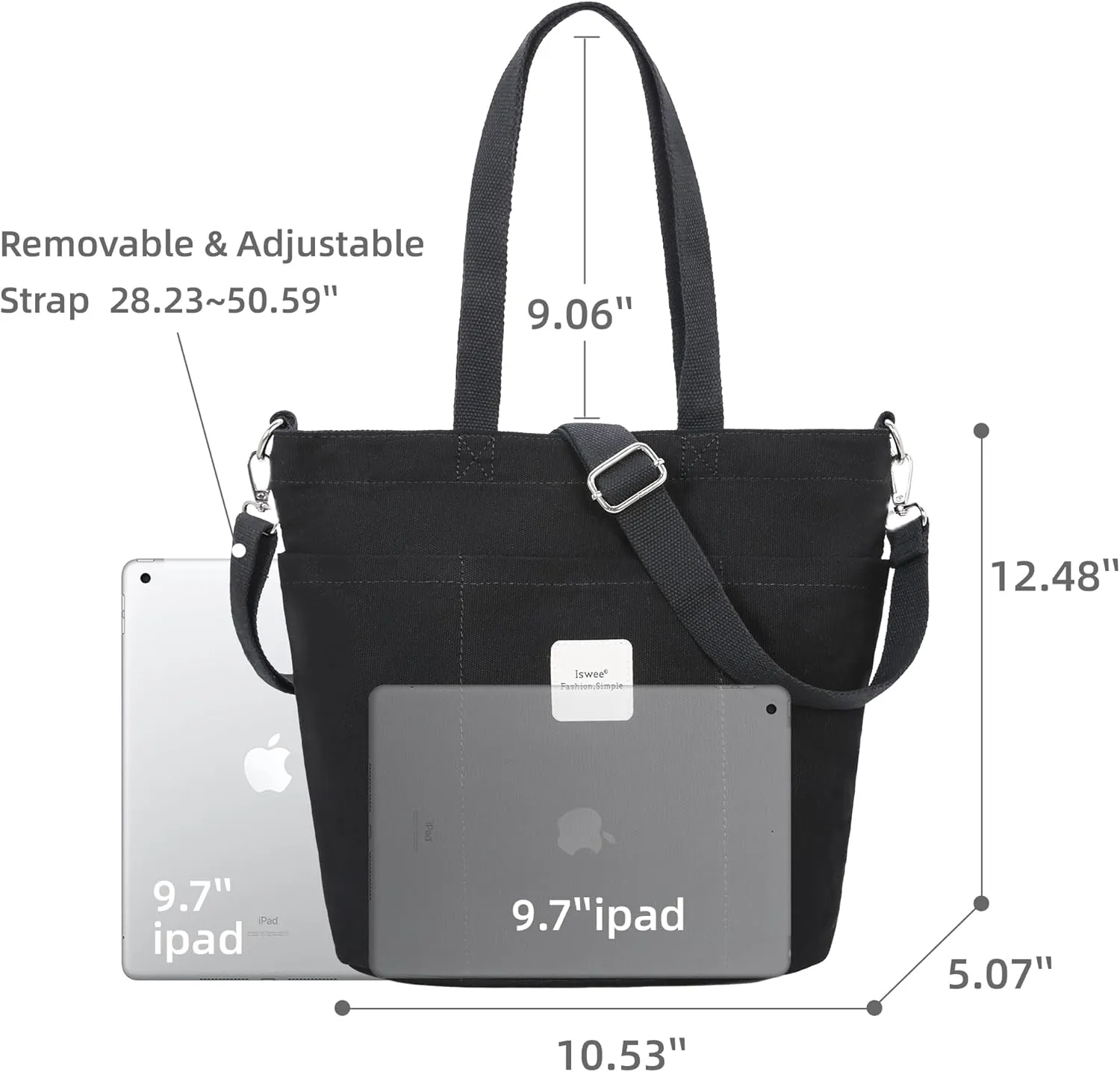 Iswee Canvas Tote Bag with Zipper Multi Pockets Tote Purse for Women Fashion Crossbody Tote Shoulder Bag Handbag Everyday Bag