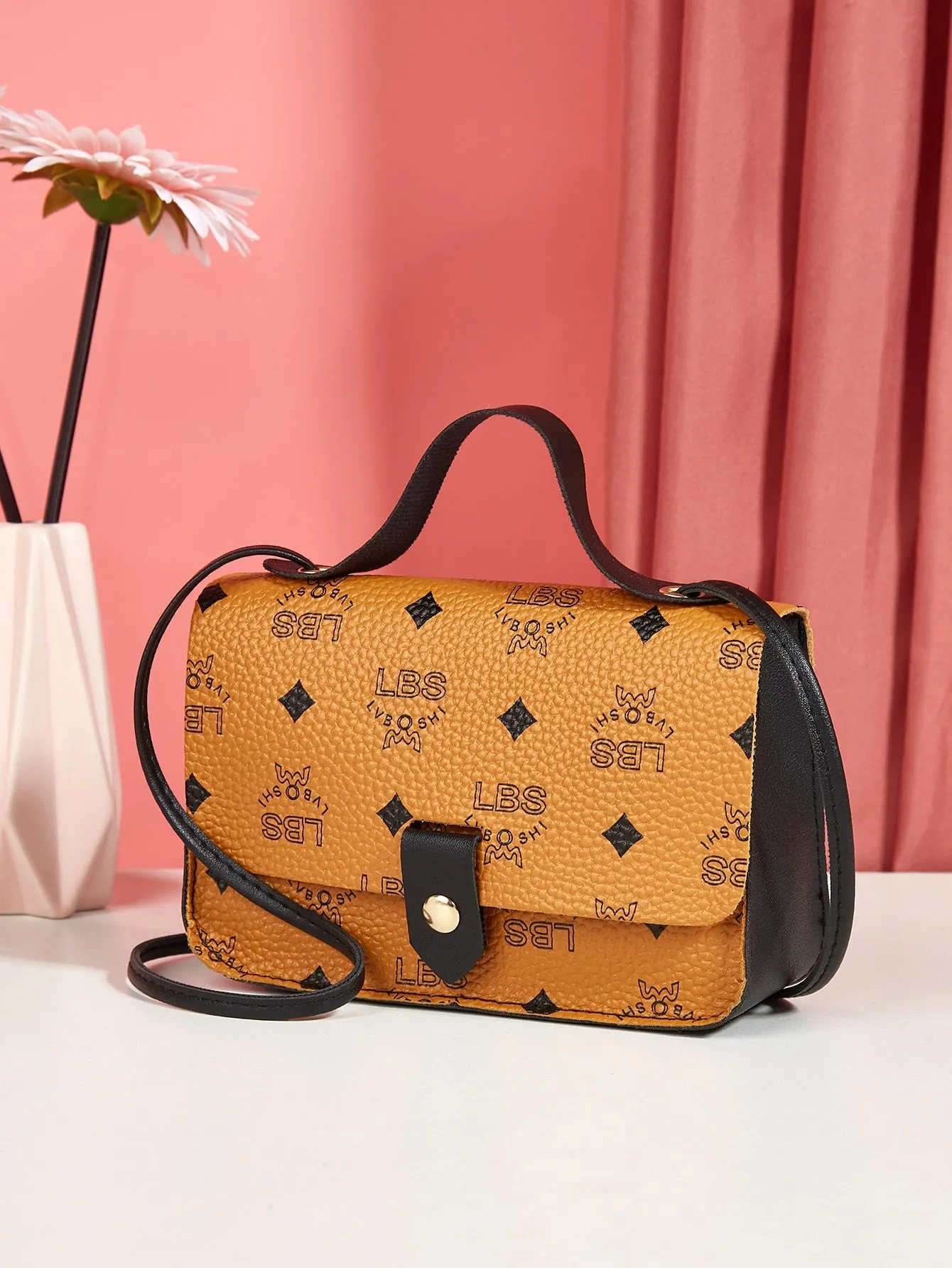 Letter Graphic Flap Satchel Bag
