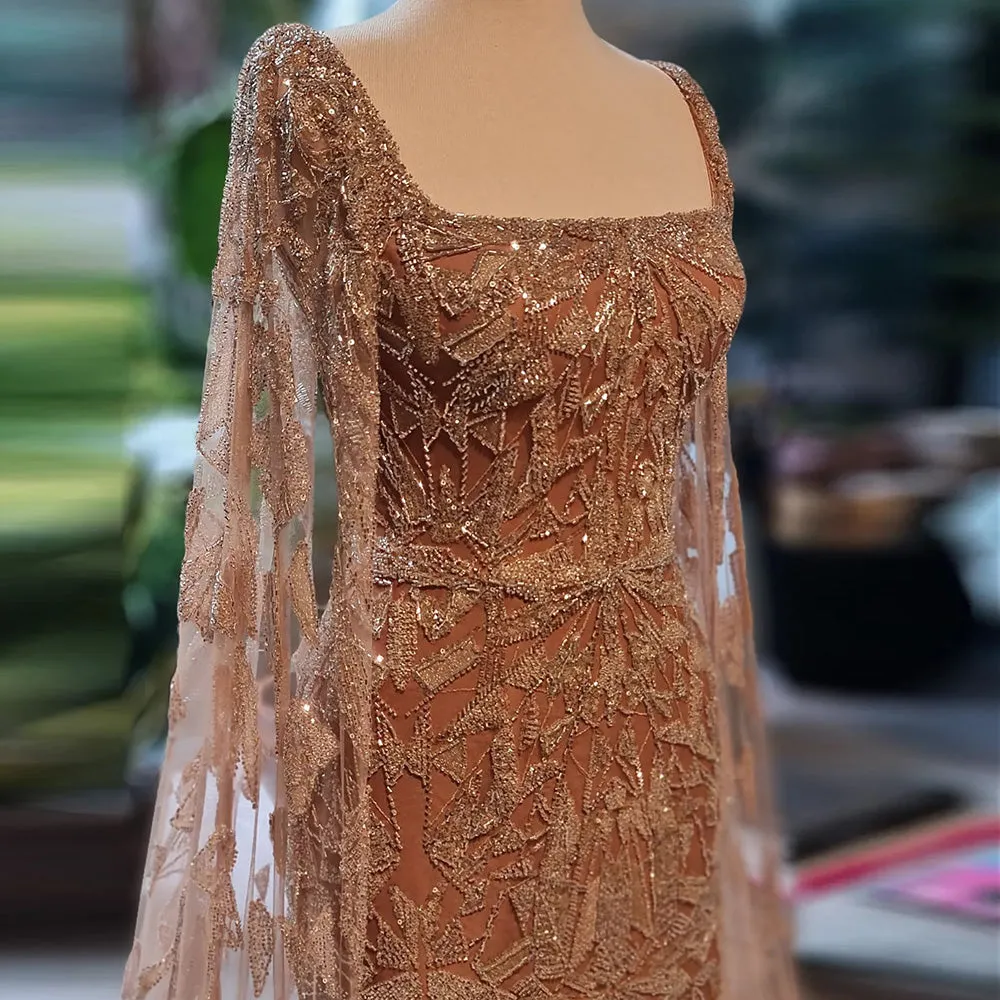 Luxury Pink Square Neck Evening Dress with Cape Sleeves SS497