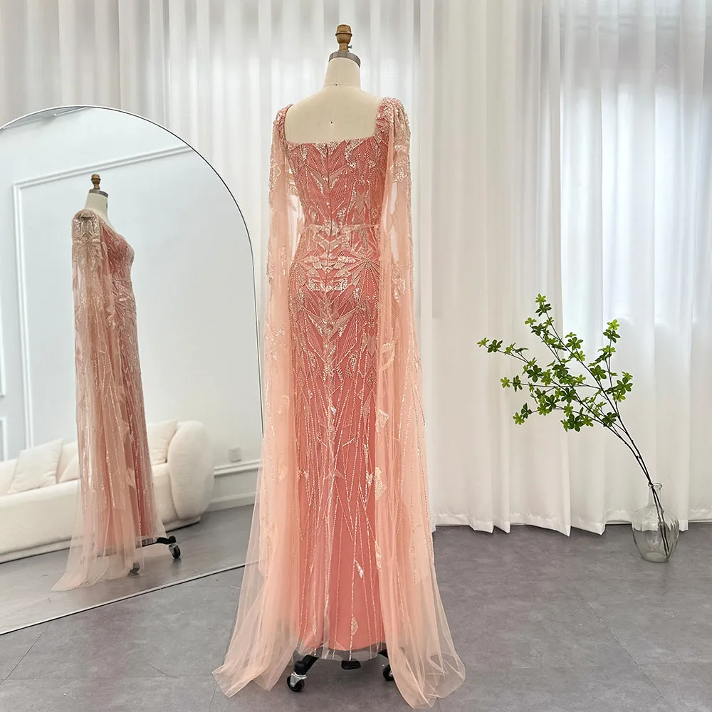 Luxury Pink Square Neck Evening Dress with Cape Sleeves SS497