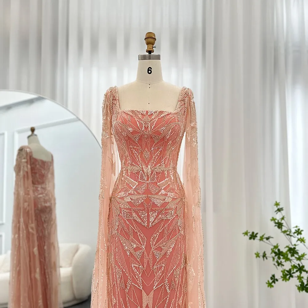 Luxury Pink Square Neck Evening Dress with Cape Sleeves SS497