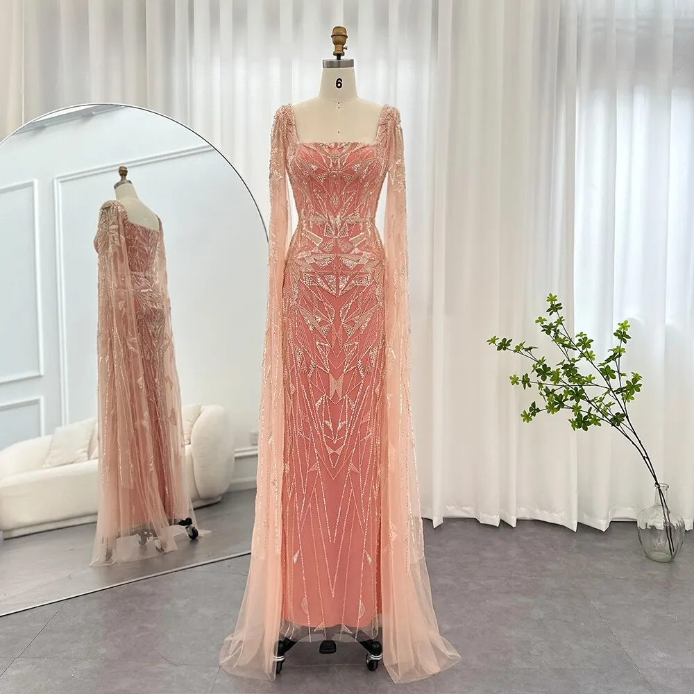 Luxury Pink Square Neck Evening Dress with Cape Sleeves SS497