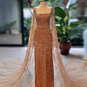 Luxury Pink Square Neck Evening Dress with Cape Sleeves SS497
