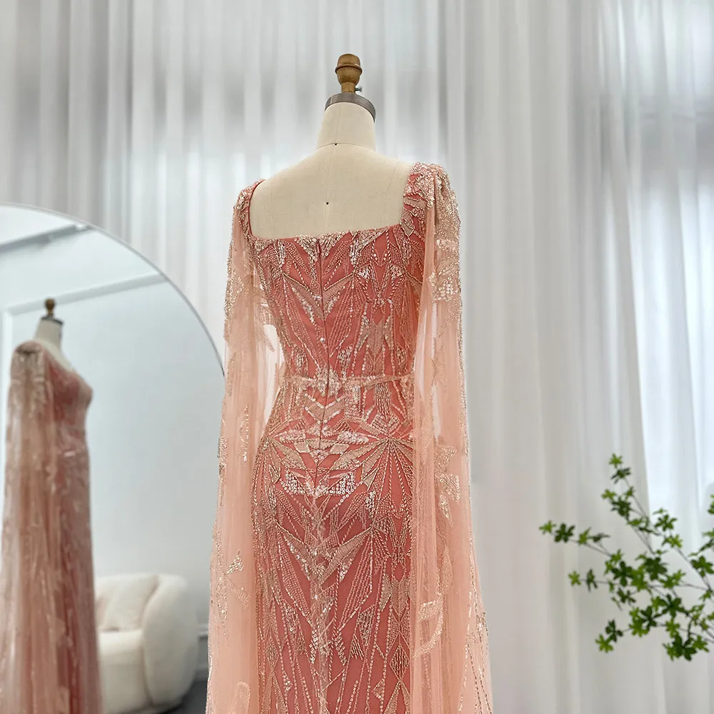Luxury Pink Square Neck Evening Dress with Cape Sleeves SS497